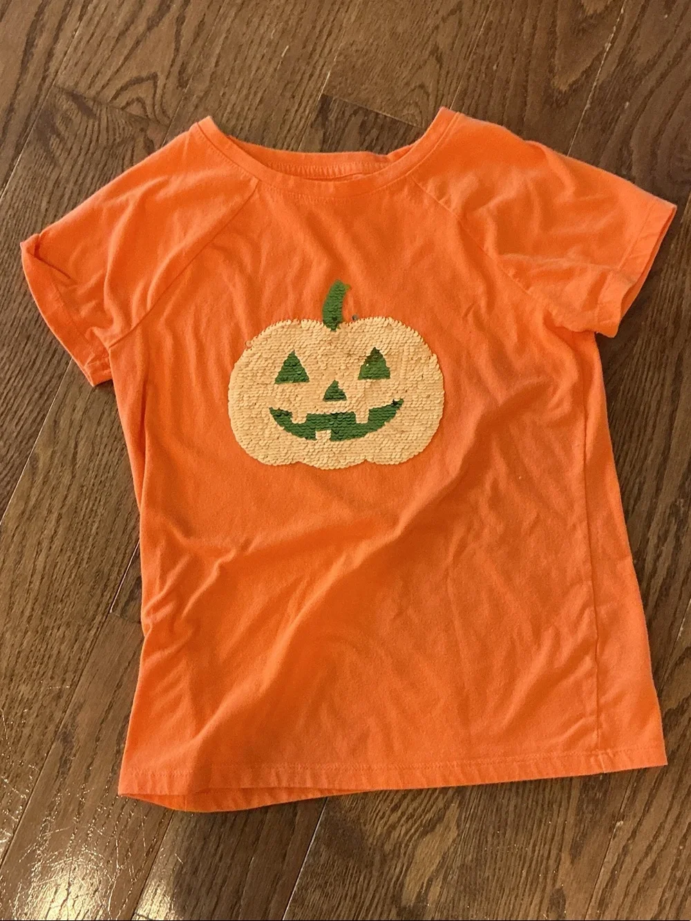 Cat & Jack Orange Pumpkin Applique Tee with Green Detail sequined